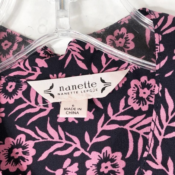 Nanette Lepore Size 6 Dress Pink Black Floral Knee Length Tie Waist Pintuck 1361 - Picture 9 of 9